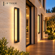 LumaLine Stainless linear wall light illuminating an exterior walkway