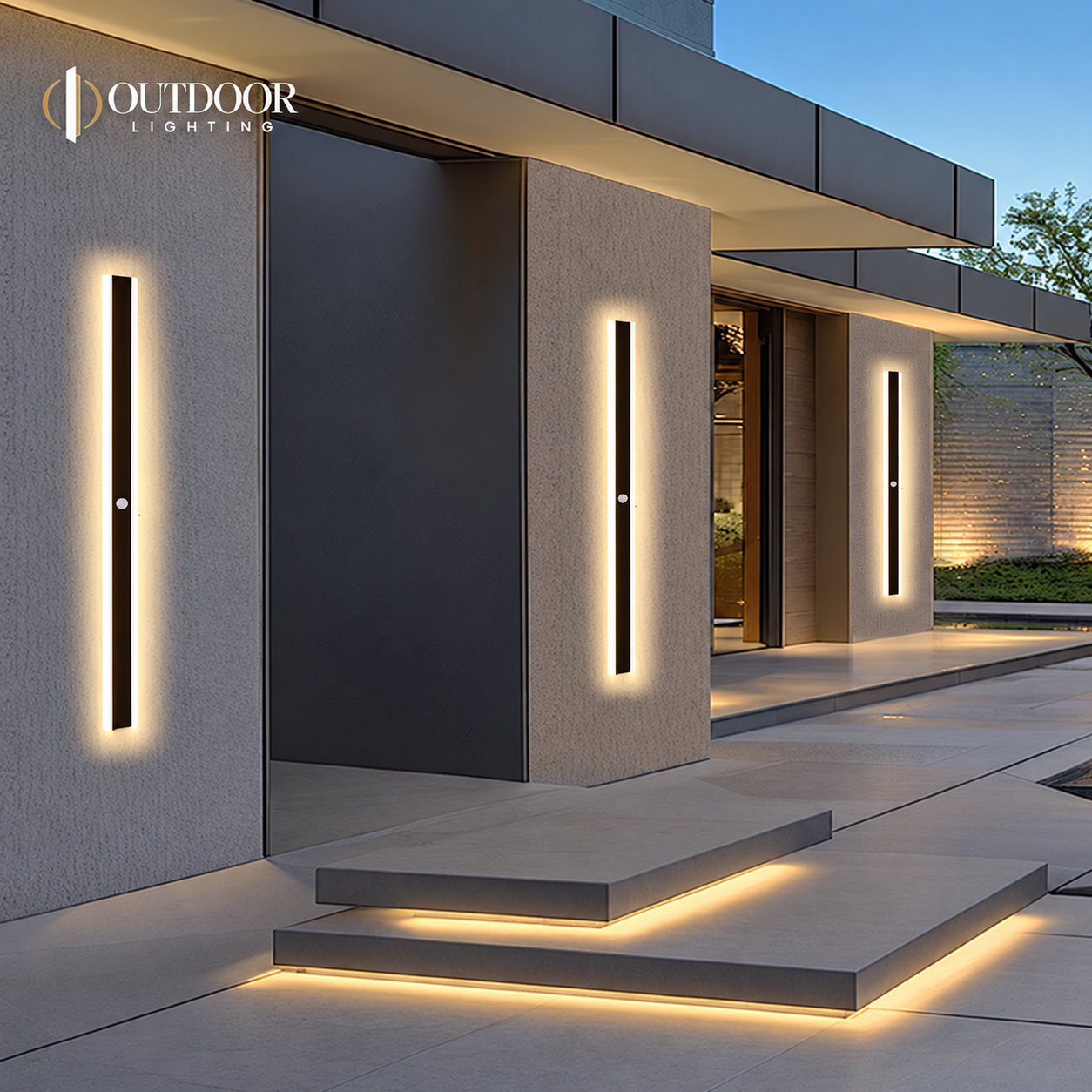 Motion sensor wall lights illuminating a modern entry
